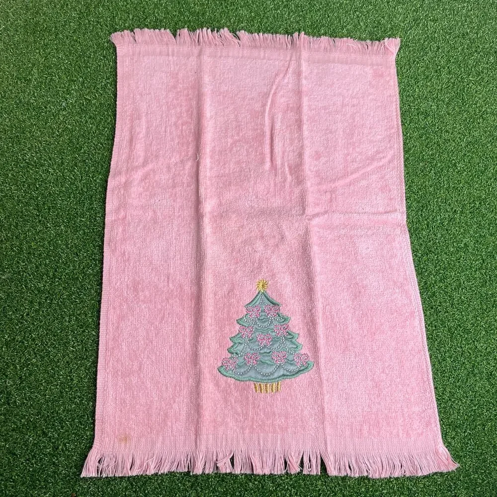 Vintage Pink Holiday Fingertip Towels Lot Embroidered Christmas Wreath and Tree